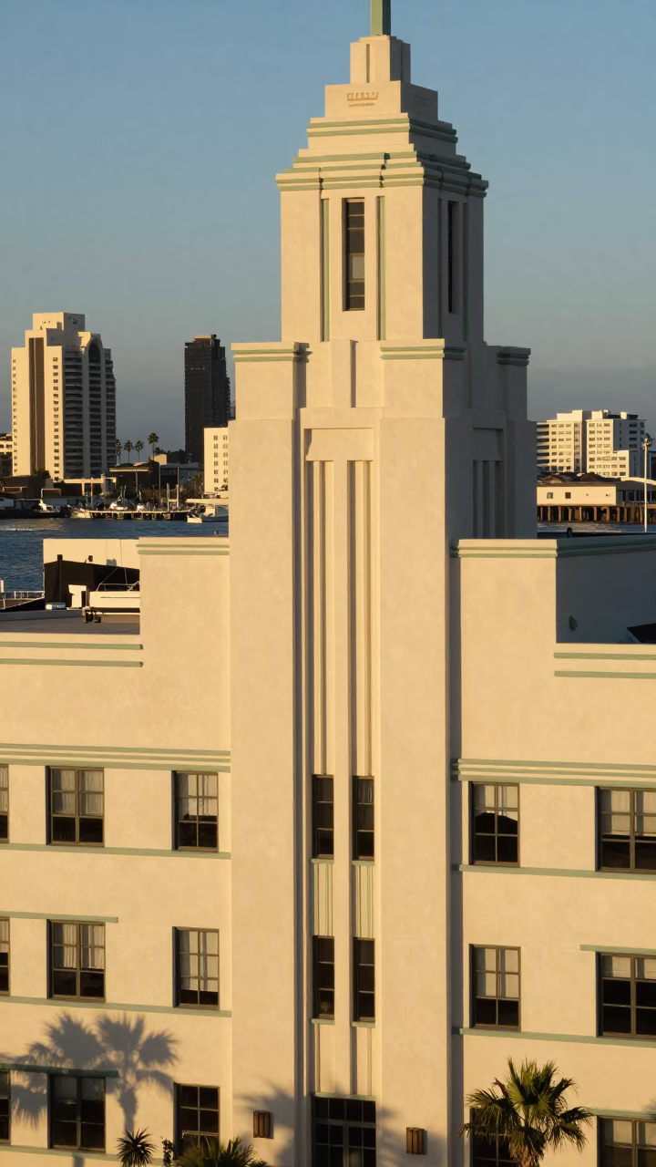 Art Deco Hotel Facade And Coastal Harbor in San Diego in in San Diego, California, United States