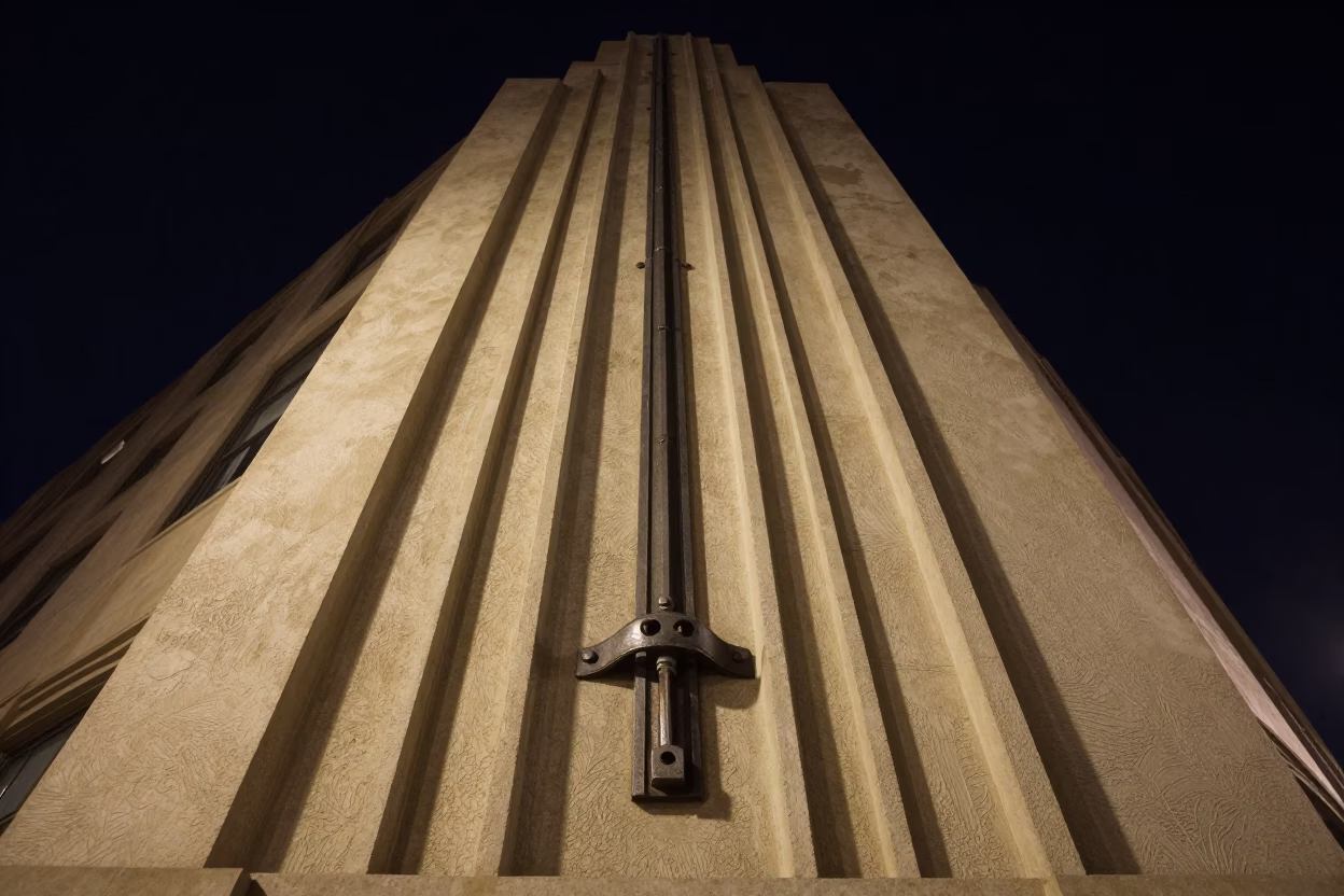 Art Deco Hotel Facade and Iron Deadbolt Detail at Night in Los Angeles in in Los Angeles, California, United States