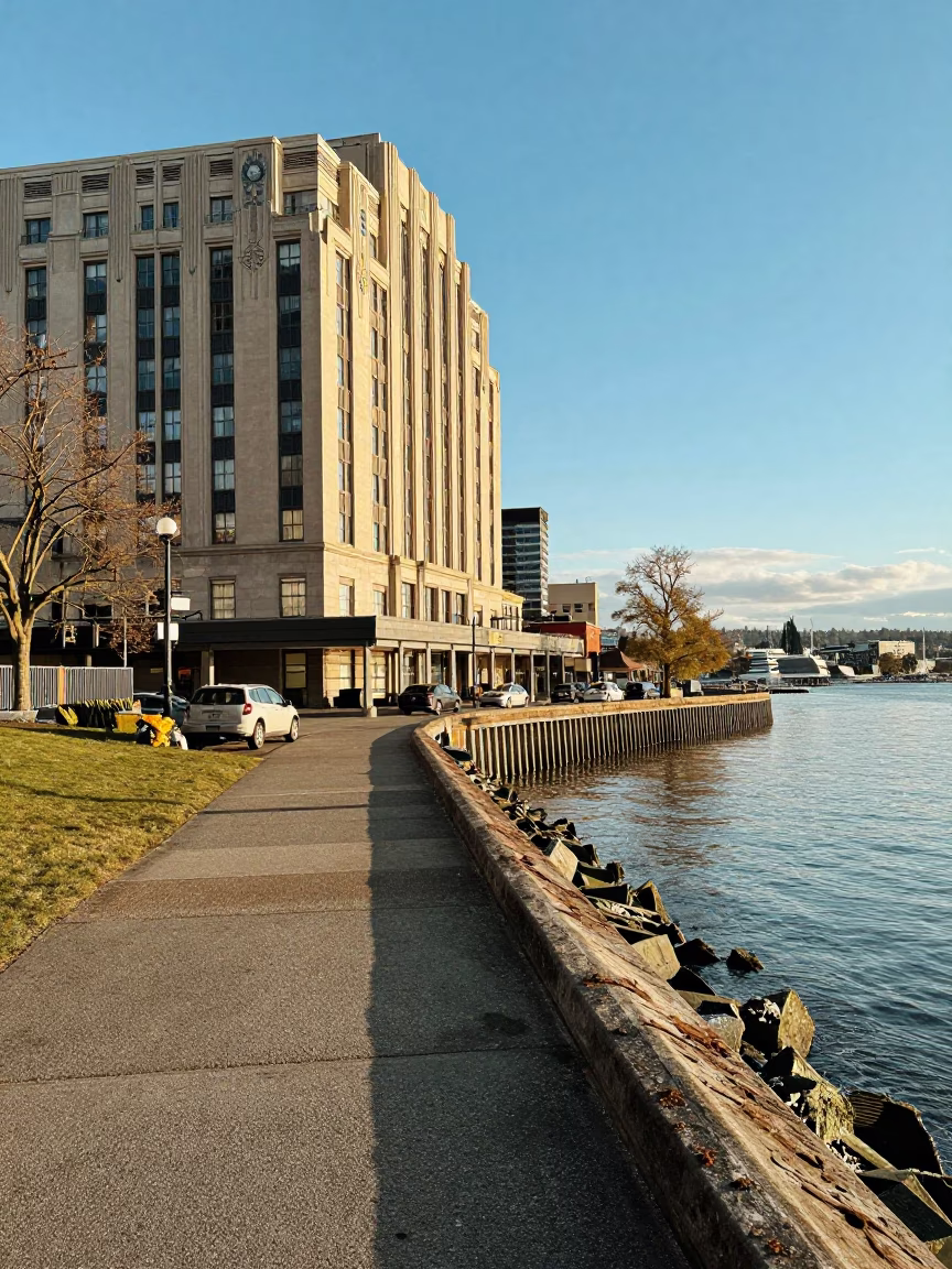 Art Deco Hotel Facade and Levee Path in Seattle Early Afternoon in in Seattle, Washington, United States
