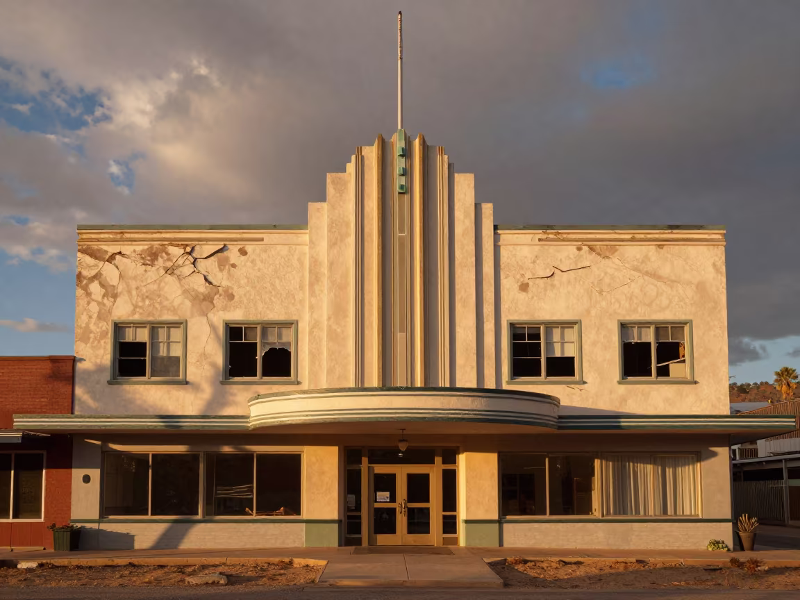 Art Deco Hotel Facade in Asheville Desert Light in outside a hotel entrance in Asheville