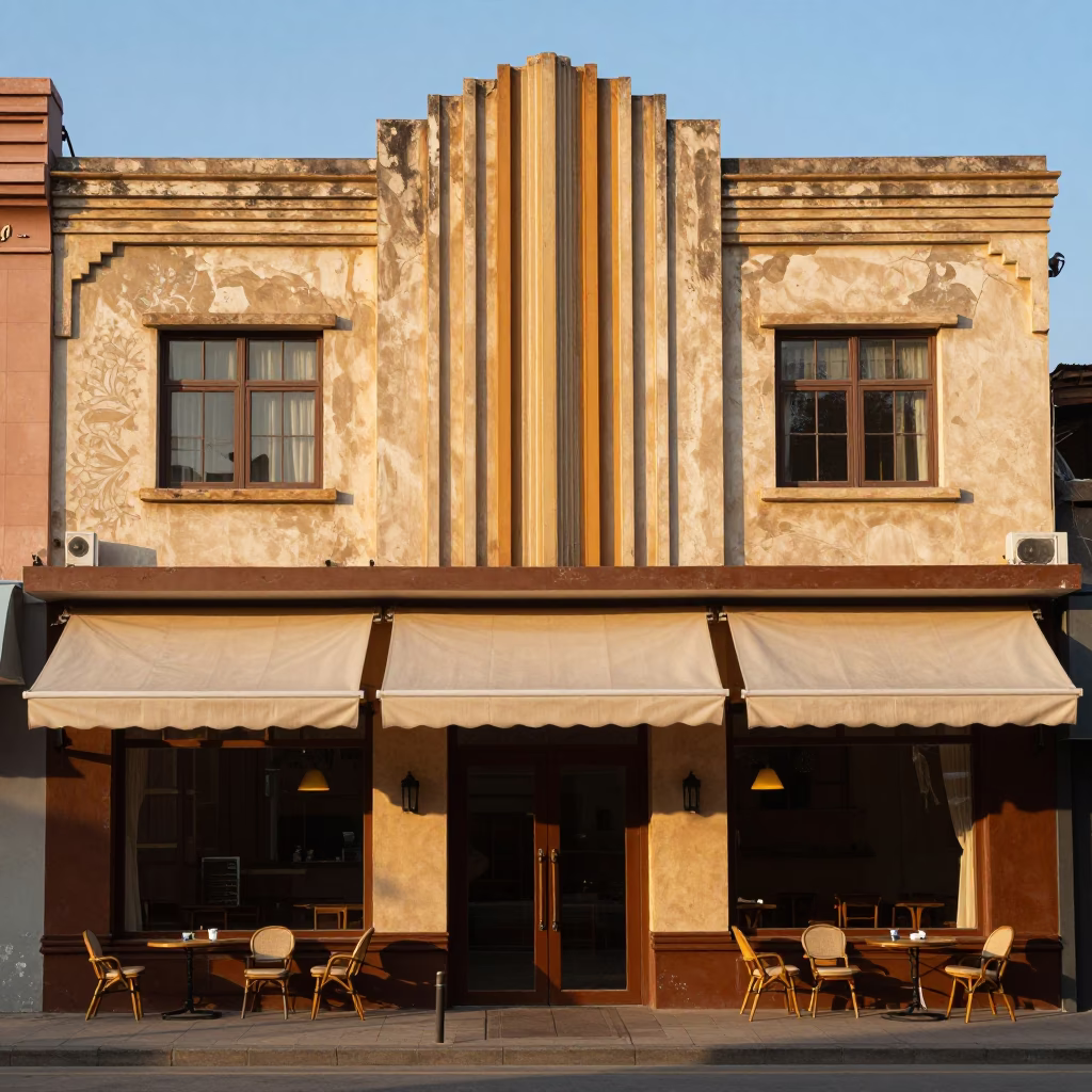 Art Deco Hotel Facade Desert Evening Chengdu in beneath hotel awnings at the curb near Chengdu