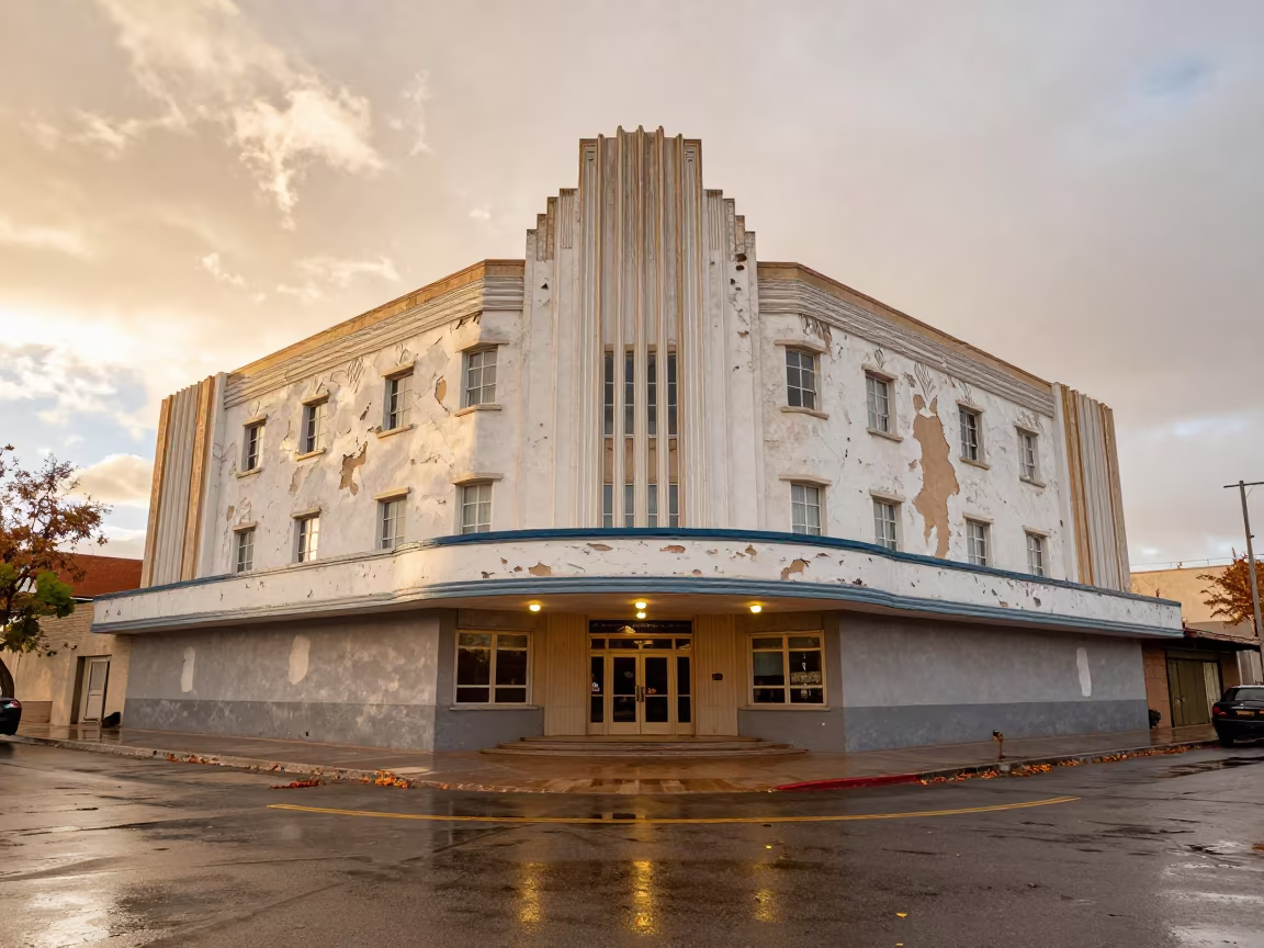 Art Deco Hotel Facade in Desert Evening in outside a lit hotel frontage after rain in Oral