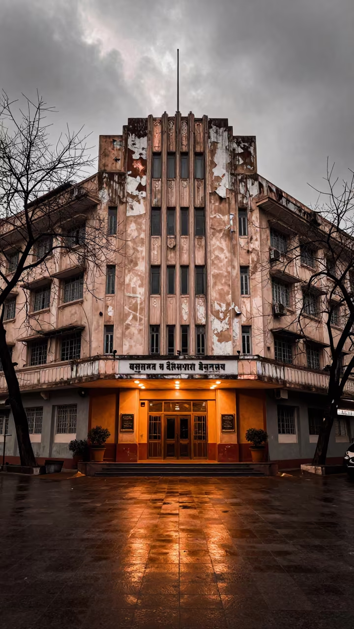 Art Deco Hotel Facade Before Dusk in Dhanmondi in outside a lit hotel frontage after rain in Dhanmondi, Dhaka