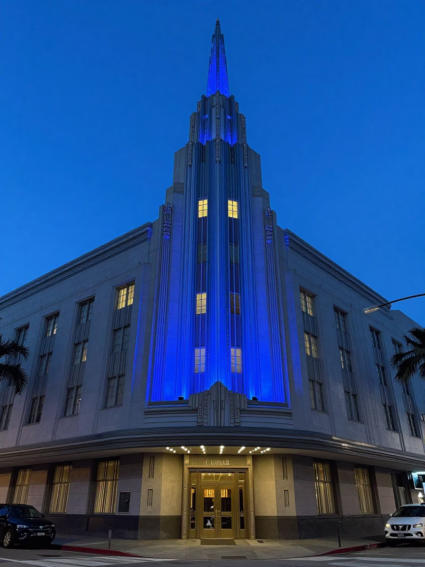 Art Deco Hotel Facade Illuminated by Evening Blue Light in Los Angeles California in in Los Angeles, California, United States