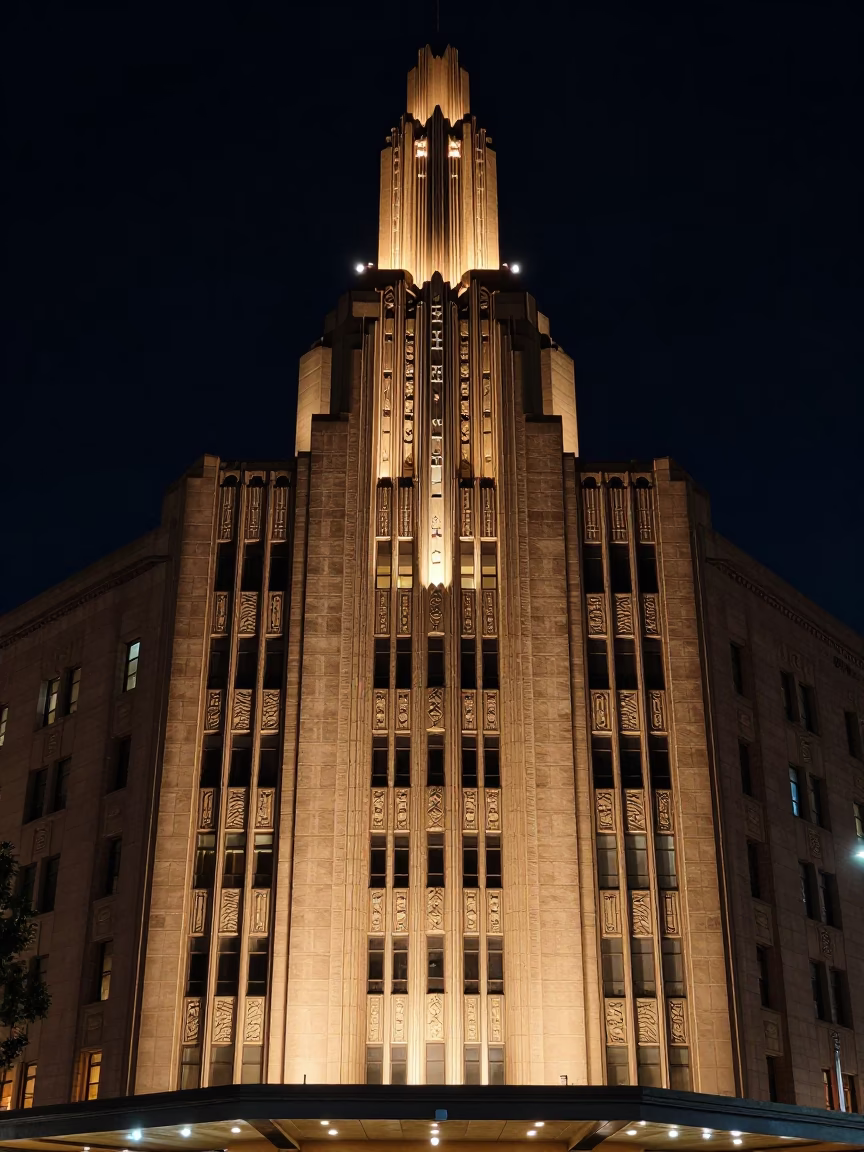 Art Deco Hotel Facade Illuminated Under Deep Night Sky in Sydney New South Wales in in Sydney, New South Wales, Australia