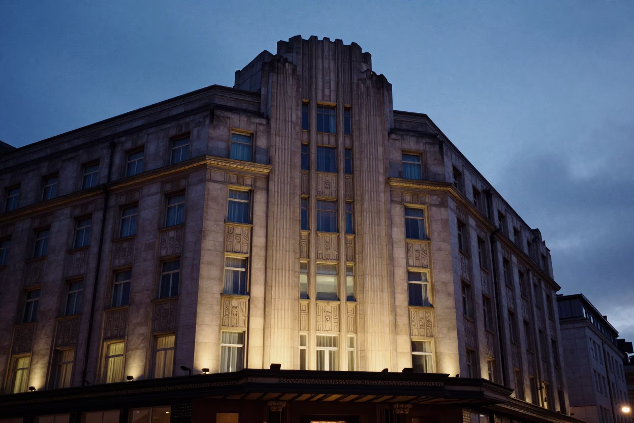Art Deco Hotel Facade in Bristol at Twilight in in Bristol, United Kingdom