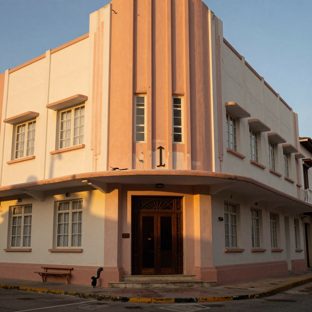 Art Deco Hotel Facade in Cartagena Colombia Honeyed Evening Light in in Cartagena, Colombia