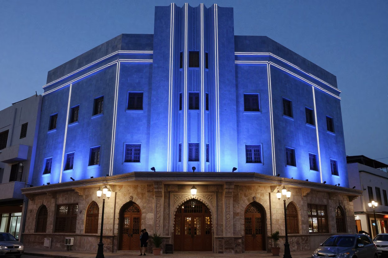 Art Deco Hotel Facade in Casablanca Evening Blue Light with Local Street Life in in Casablanca, Morocco
