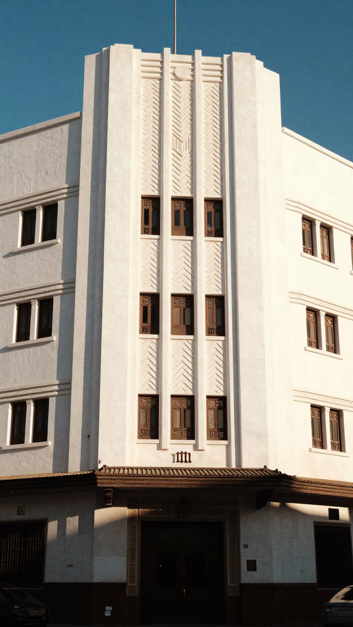 Art Deco Hotel Facade in Casablanca Late Afternoon Sunlight in in Casablanca, Morocco