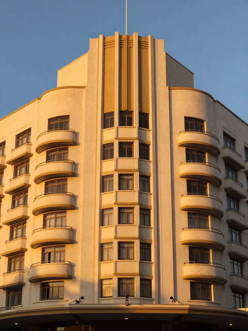 Art Deco Hotel Facade in Durban South Africa Under Honeyed Evening Light in in Durban, South Africa