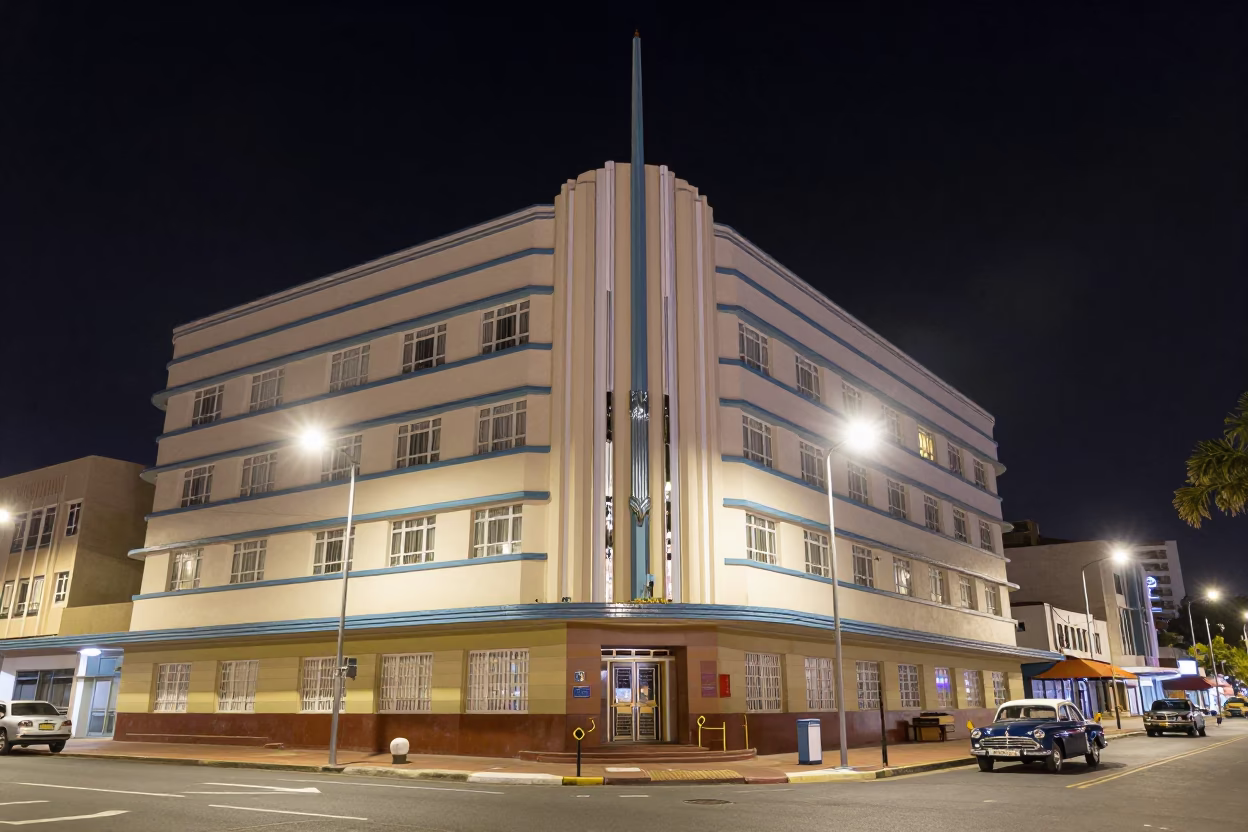 Art Deco Hotel Facade in Durban Under Deep Night Sky with Local Street Activity in in Durban, South Africa