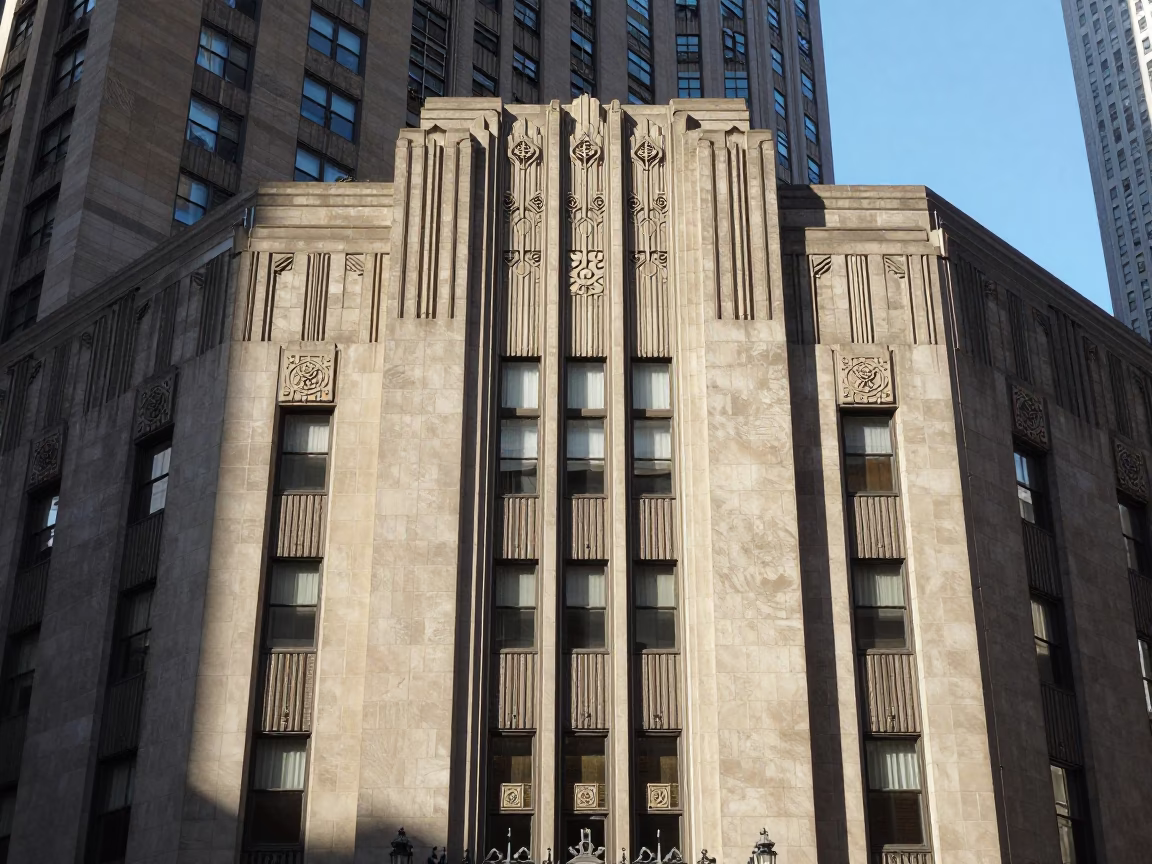 Art Deco Hotel Facade in Early Afternoon New York City Street Scene in in New York, New York, United States