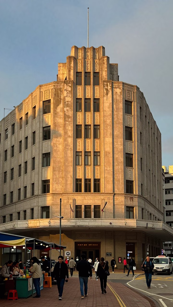 Art Deco Hotel Facade in Honeyed Evening Light Hong Kong Street Scene in in Hong Kong, Hong Kong
