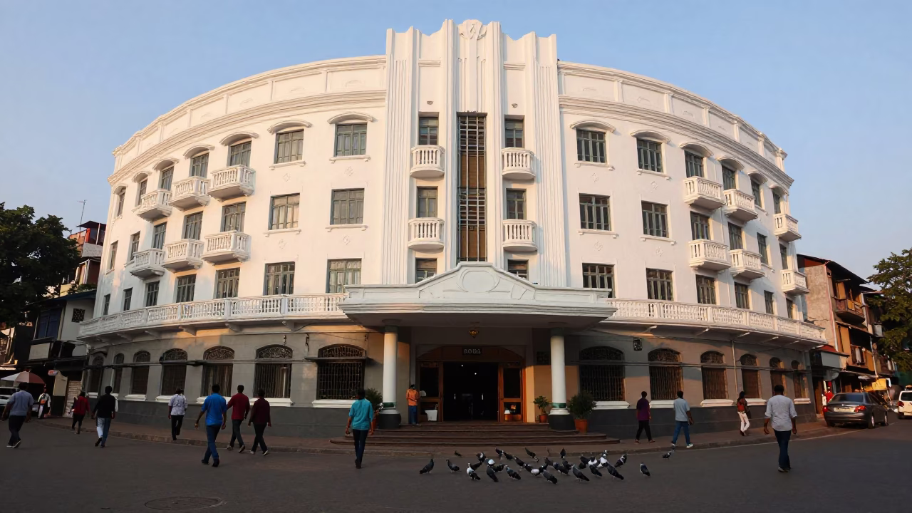 Art Deco Hotel Facade in Kolkata India Early Evening Street Scene with Pigeons in in Kolkata, India