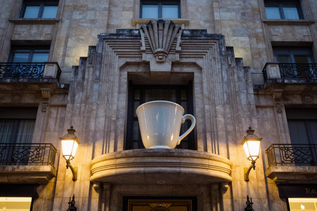 Art Deco Hotel Facade in Lyon France with Ceramic Cup at Dusk in in Lyon, France