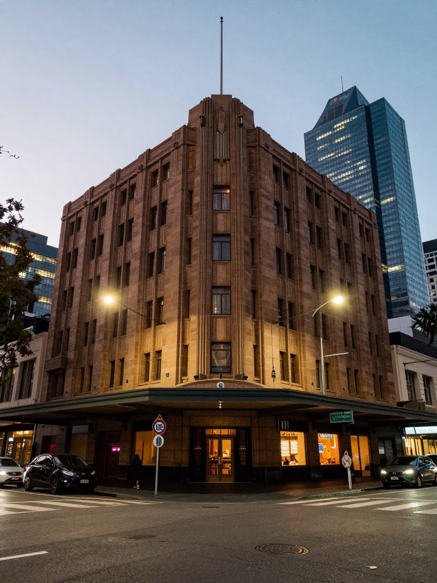 Art Deco Hotel Facade in Melbourne Victoria Australia at Dusk with Street Life in in Melbourne, Victoria, Australia
