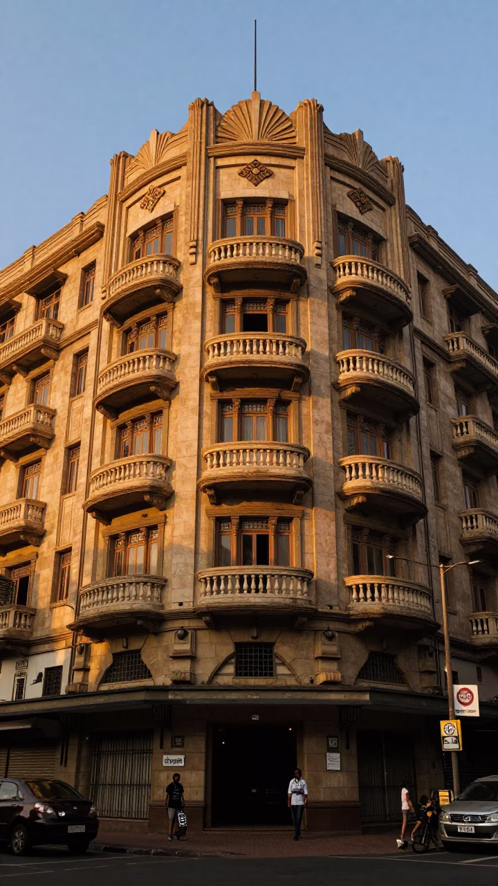 Art Deco Hotel Facade in Mumbai Honeyed Evening Light with Chain Ferry Crossing River in in Mumbai, India