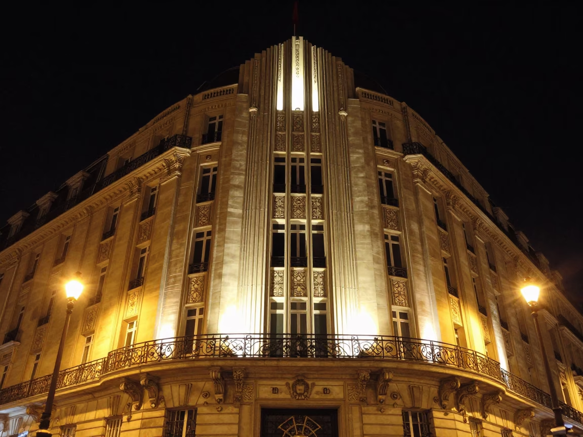 Art Deco Hotel Facade in Paris at Night with Brushed Steel Bench in in Paris, France