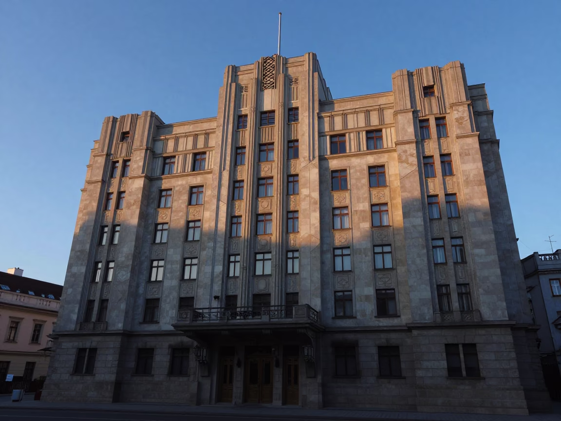Art Deco Hotel Facade in Pre-Dawn Krakow Poland Morning Light in in Krakow, Poland