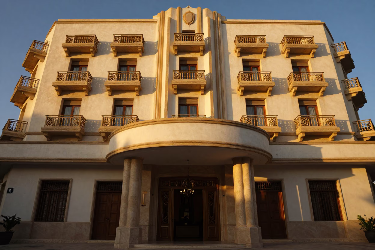Art Deco Hotel Facade in Tunis Tunisia Honeyed Evening Light in in Tunis, Tunisia
