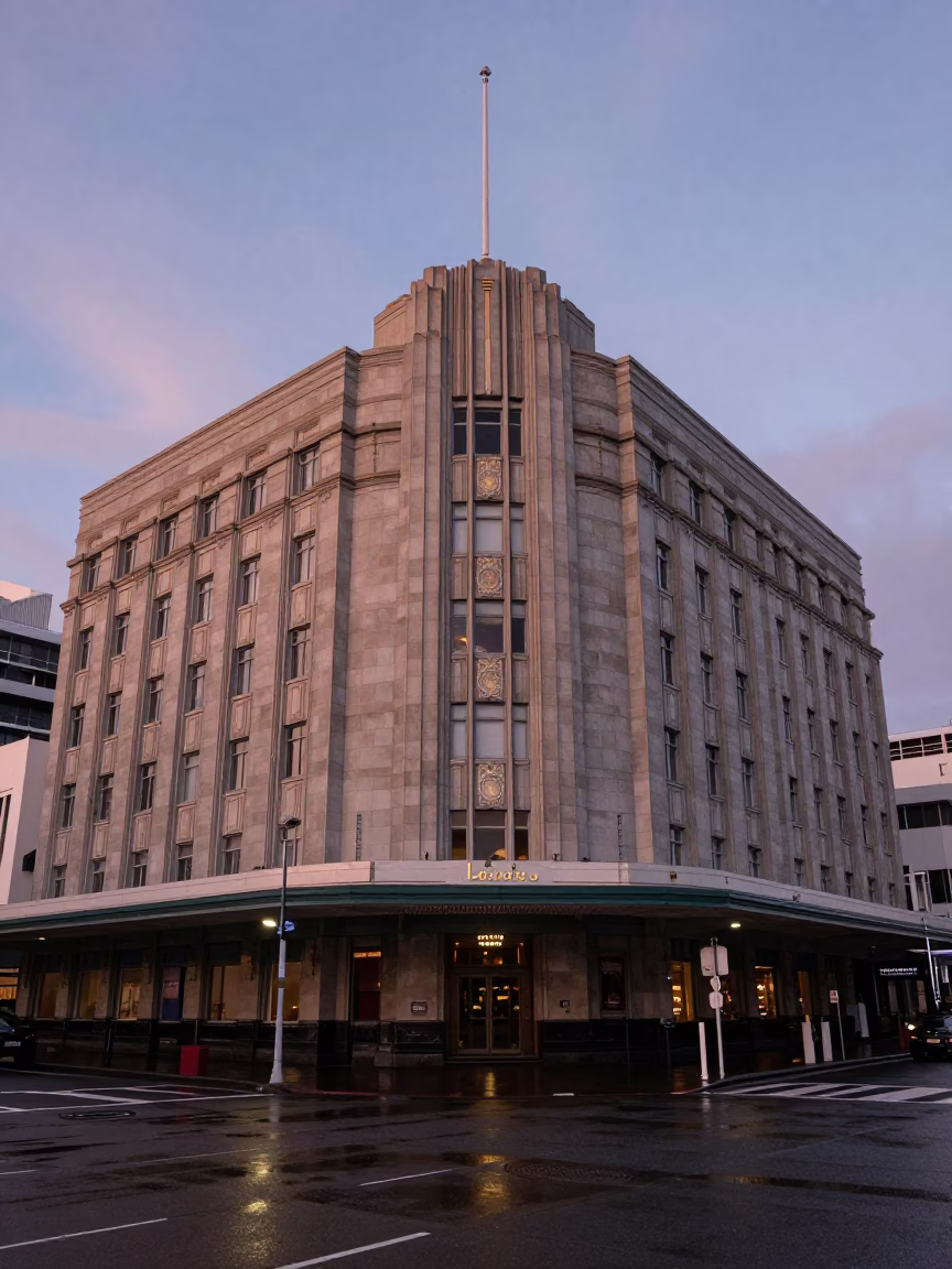 Art Deco Hotel Facade in Wellington New Zealand at Nautical Dawn in in Wellington, New Zealand
