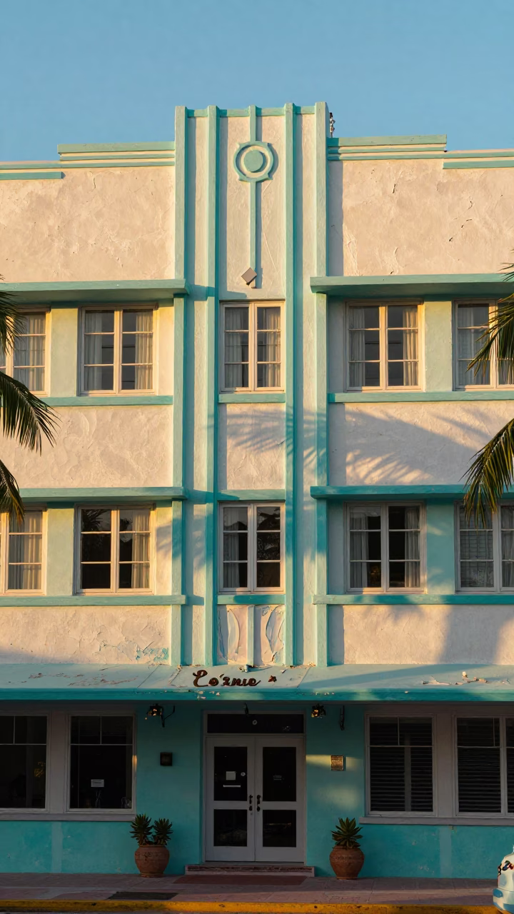 Art Deco Miami Beach Golden Hour Peeling Turquoise Paint and Succulents in in Miami, Florida, United States