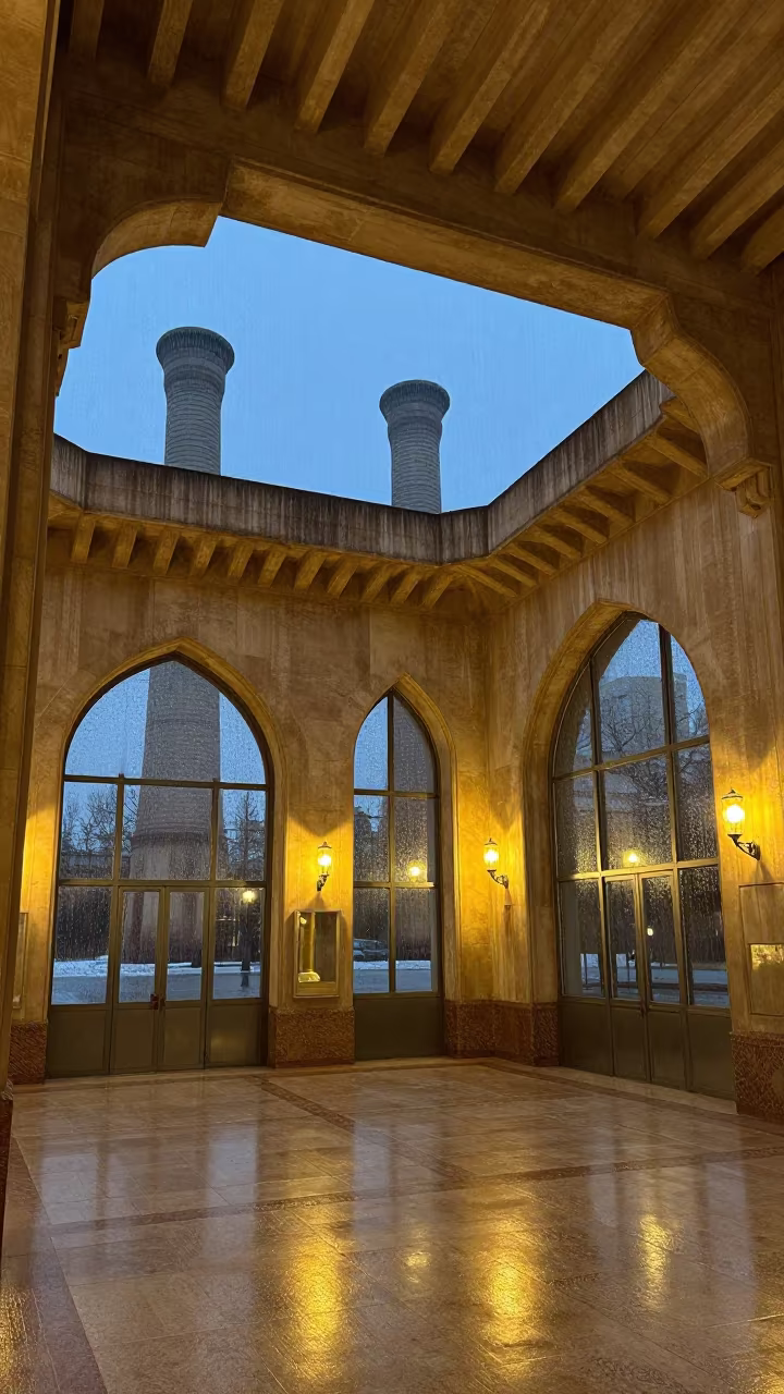 Art Deco Power Station Lobby Twilight in inside a ribbed concrete lobby in Biskra