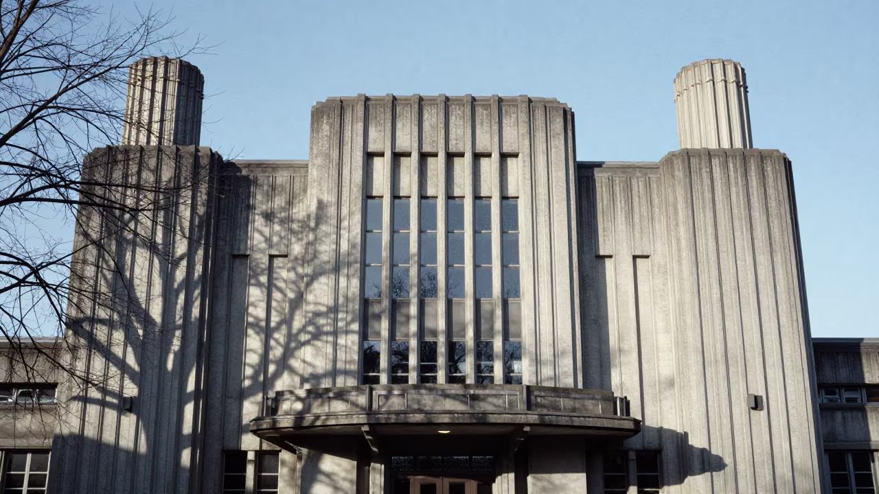 Art Deco Power Station Lobby in Winter Drizzle in inside a ribbed concrete lobby near Chatham-Kent