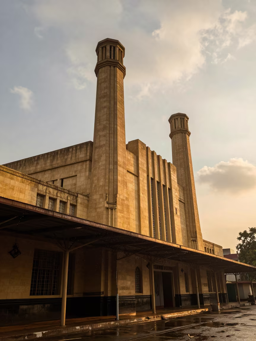 Art Deco Power Station Twin Chimneys Surat Terminal in inside a restored train terminal in Surat