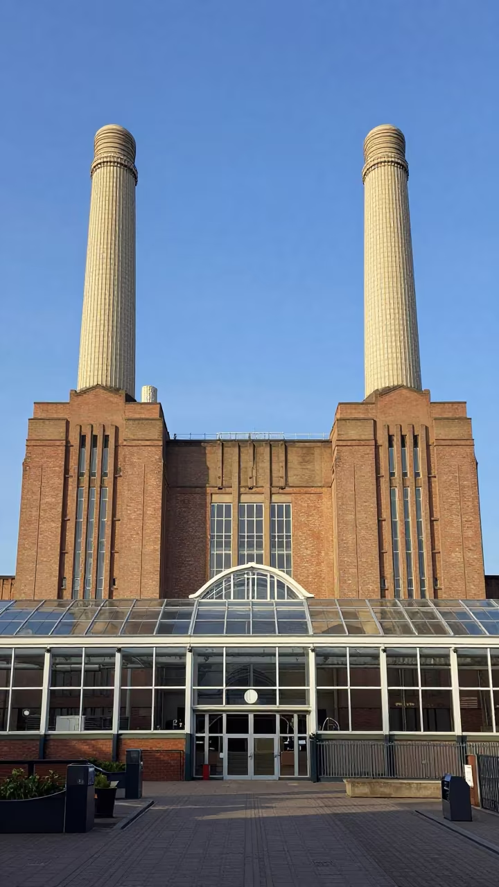 Art Deco Power Station Twin Chimneys in inside a glass-roofed arcade near Stoke-on-Trent
