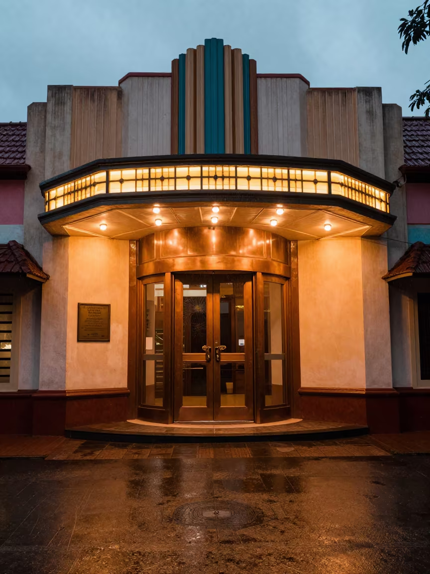 Art Deco Theater Bronze Door Twilight Rain in inside a skylit passageway in Thrissur