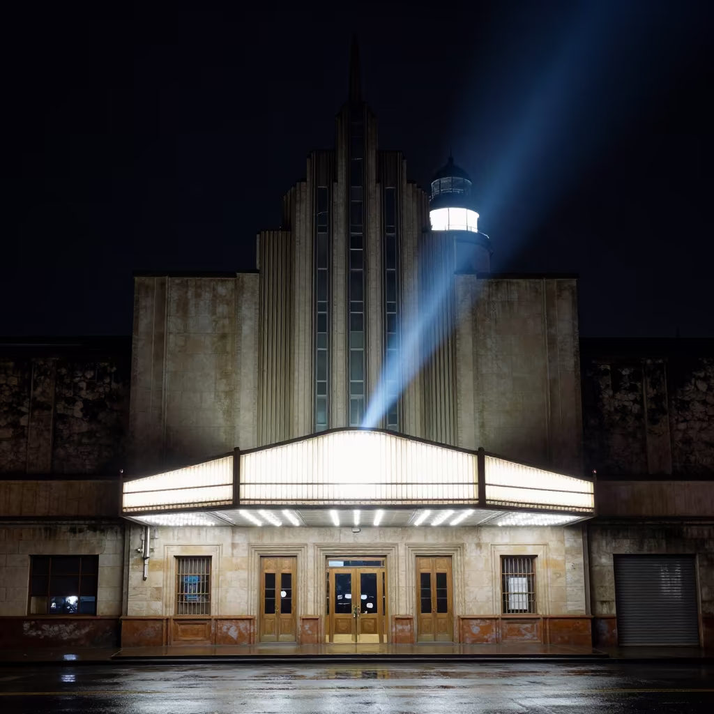 Art Deco Theater Under Lighthouse Beam at Night in outside a wind-scoured fortress wall in Cuba