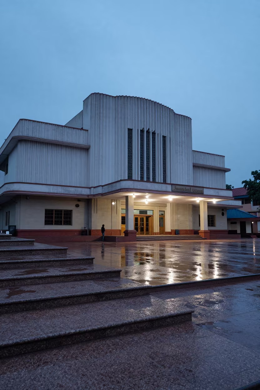 Art Deco Theater Wet Steps Blue Hour in inside a ribbed concrete lobby in Jabalpur