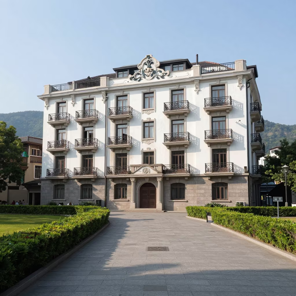 Art Nouveau Facade with Floral Ironwork Hangzhou in across a formal civic plaza near Hangzhou