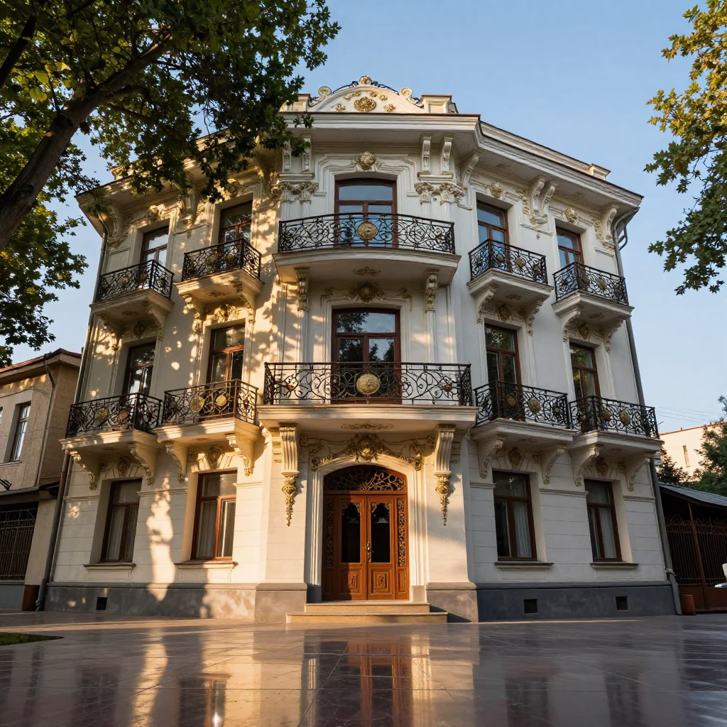 Art Nouveau Facade with Floral Ironwork in Late Summer in along a colonnaded facade near Türkmenabat