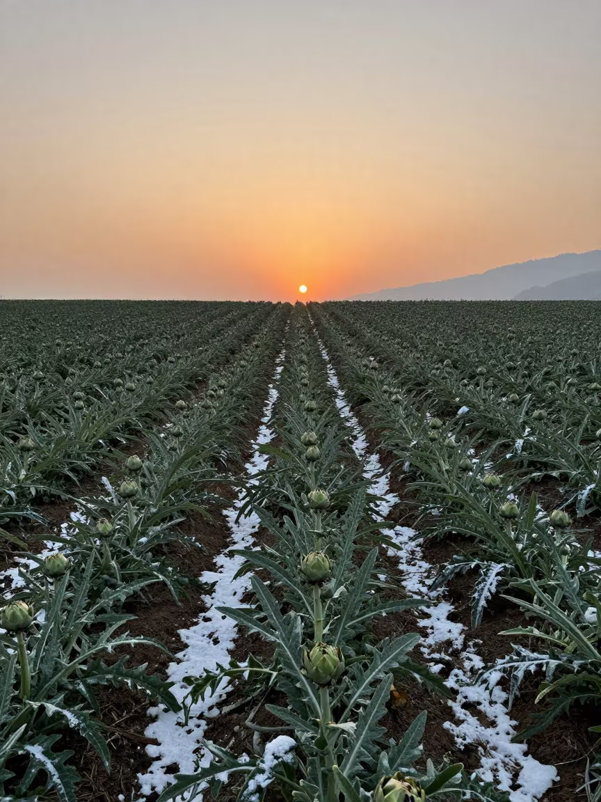 Artichoke Field at Sunset in Bhutan with Snow in in Bhutan