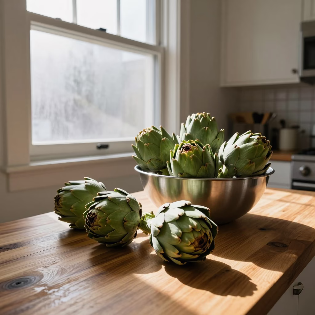 Artichokes and Brushed Steel Bowl in a San Francisco Kitchen Window in in San Francisco, California, United States