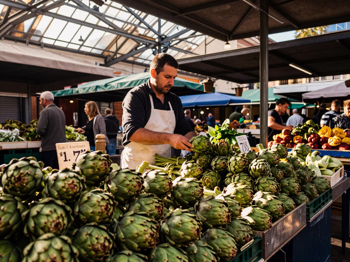 Artichokes and Daily Life in a Bustling Barcelona Market Stall Late Afternoon in in Barcelona, Spain