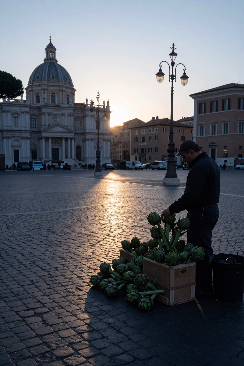 Artichokes and Morning Light in Rome Italy Before Sunrise in in Rome, Italy