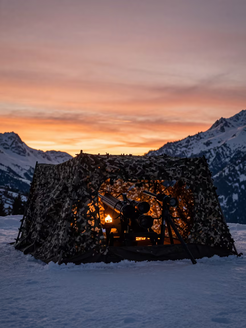 Artillery Battery Silhouette Winter Sunset in beneath a camouflage net shelter near Chamonix