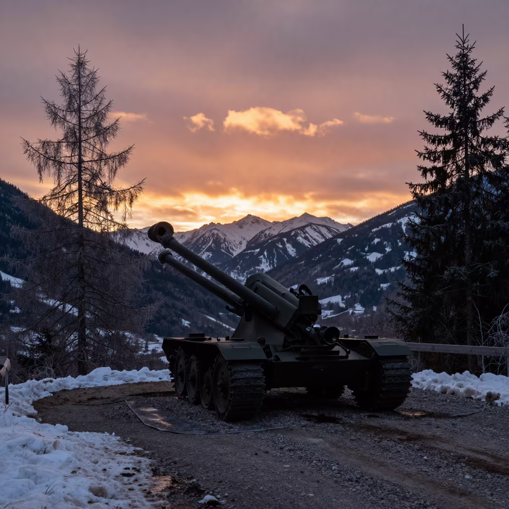 Artillery Silhouette Against Winter Sunset Ridge Tyrol in at a checkpoint lane in Tyrol