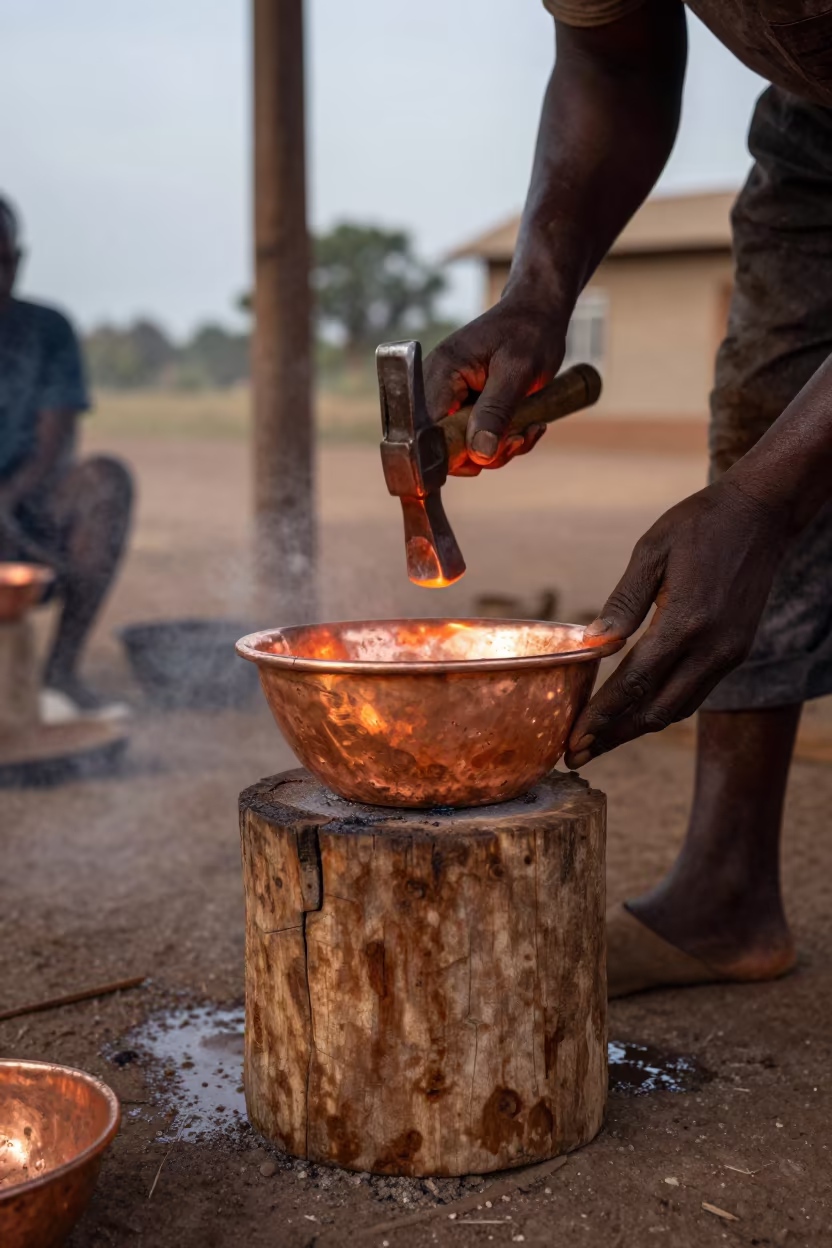 Artisan Hammering Copper Bowl Before Dusk in in Bertoua
