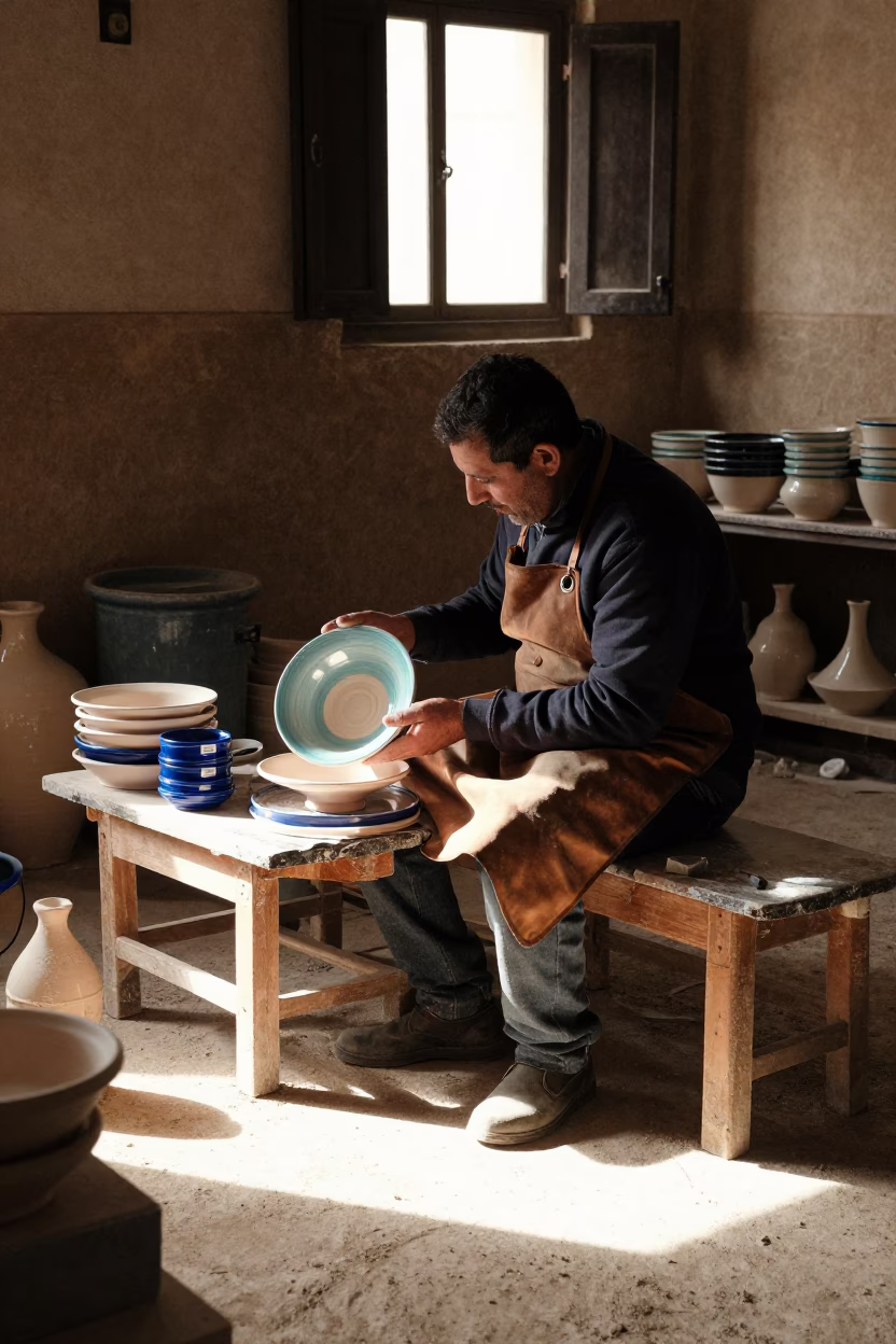 Artisan Polishing Glazed Ceramic in Sunlit Fez Workshop Afternoon in in Fez, Morocco