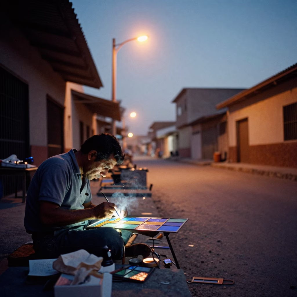 Artisan Soldering Lead Came in Ejido Market Lane in along a market lane in Ejido