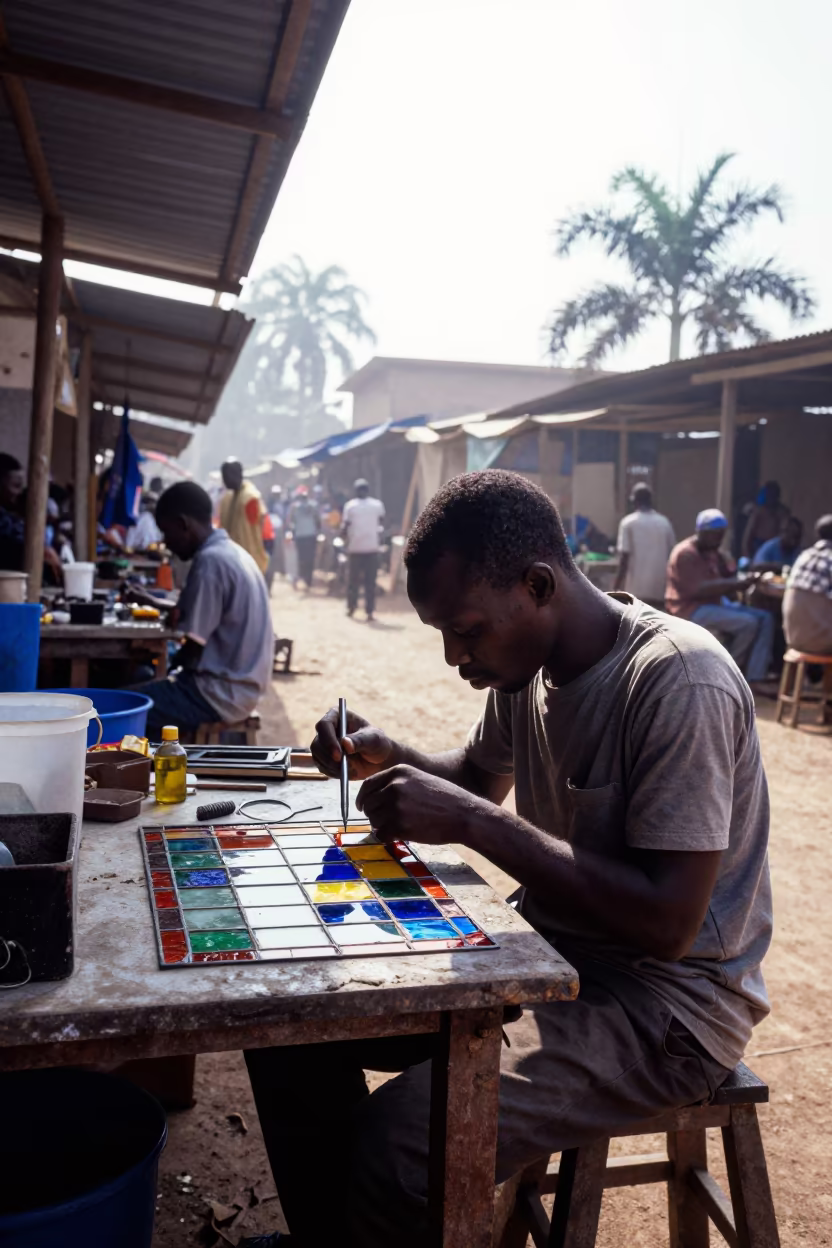 Artisan Soldering Stained Glass in Abidjan Market in along a market lane in Abidjan
