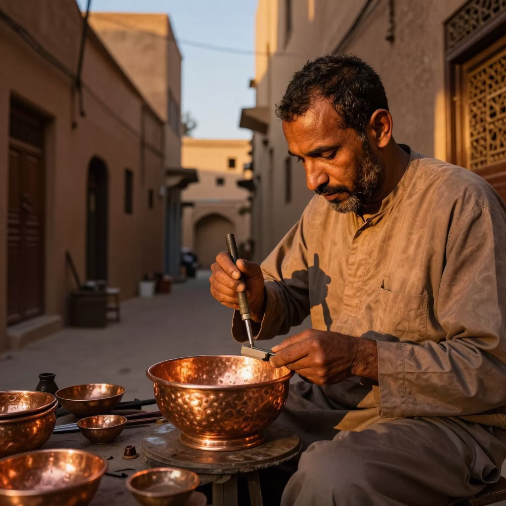 Artisan Workshop in Fez at Copper-toned Light Before Dusk in in Fez, Morocco
