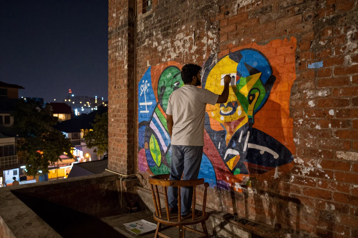 Artist Painting in Hyderabad at As City Lights Begin To Glow in in Hyderabad, India