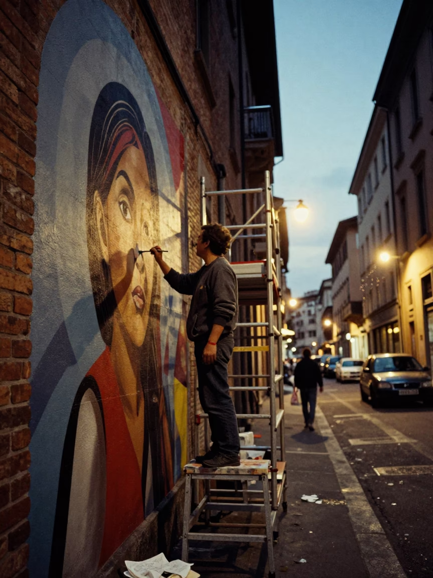 Artist Painting in Milan at As City Lights Begin To Glow in in Milan, Italy
