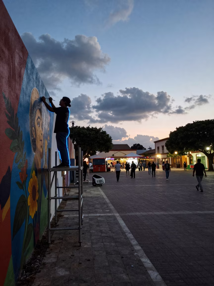 Artist Painting Mural Festival Blue Hour Villa Canales in at a public square during a festival near Villa Canales