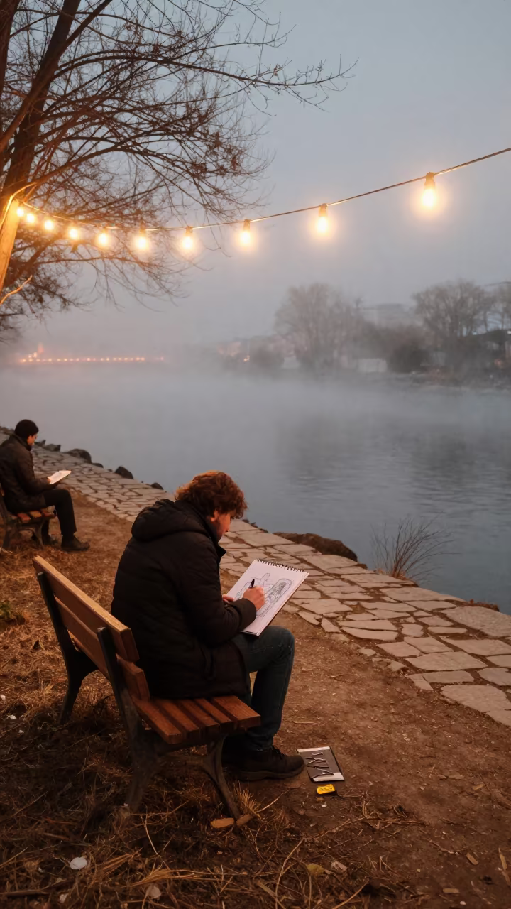 Artist Sketching by River in Kastamonu Mist in near a riverside landing in Kastamonu
